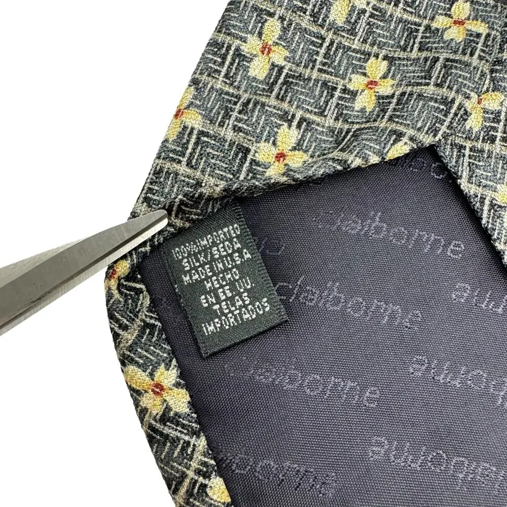 Claiborne Vintage 90s Y2K 100% Silk Black Cream Floral Print Men's Neck Tie